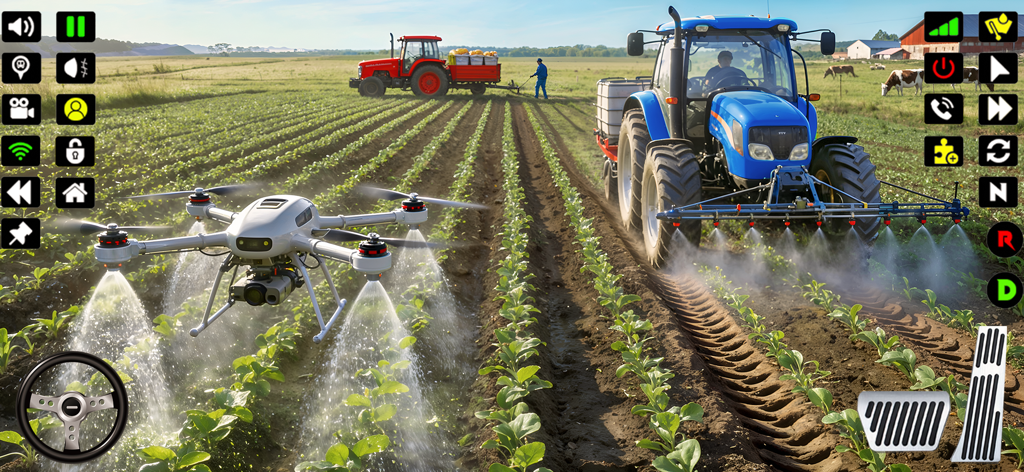 Farming Tractor Game Simulator - Gameplay of a farming simulator showing a tractor and drone spraying crops
