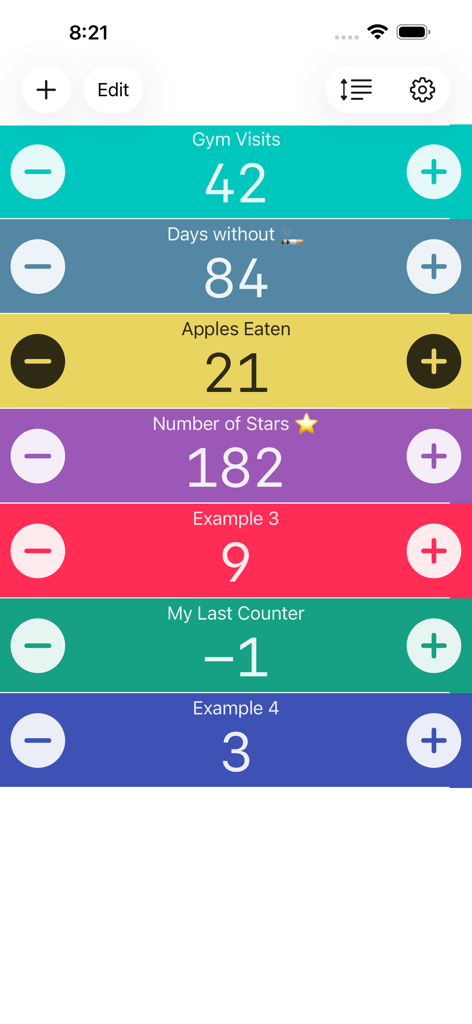 A list of colorful digital counters in the Tally and Click Counter app tracking various habits and activities