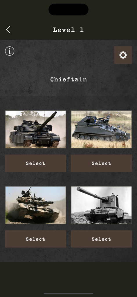Mobile game screenshot from Tank Lineup showing a quiz level to identify a Chieftain tank