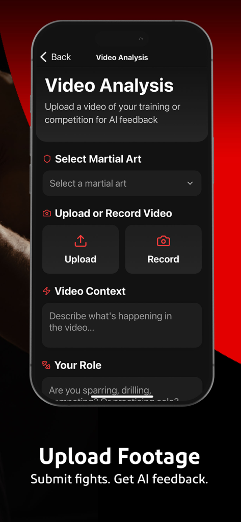 Fight AI: Your AI MMA Coach - Interface of the Fight AI app showing the video analysis screen with options to upload or record MMA training footage for feedback.