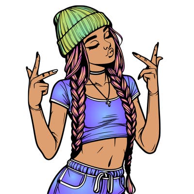 realistic teenage girl with braids and a beanie and crop top doing 🫶🏼