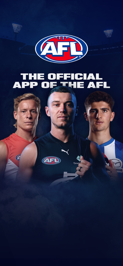 The splash screen of the AFL Live Official App featuring the league logo and three star football players.