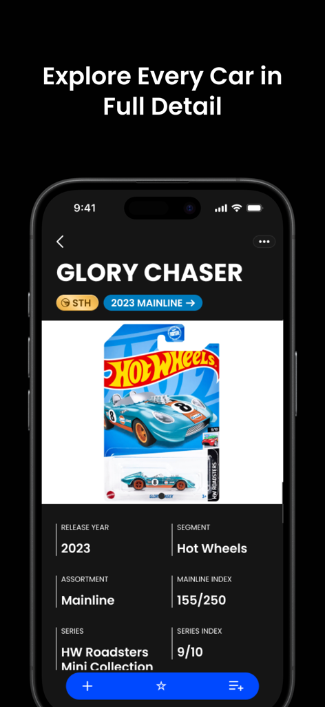 Hot Wheels Showcase™ - Mobile app screen showing detailed information for a Glory Chaser Hot Wheels car including its release year and series index
