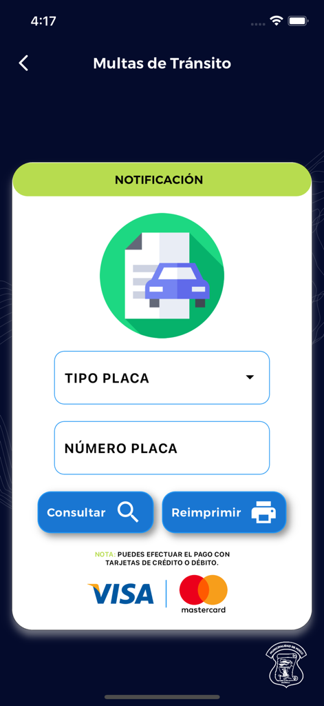 Consultas Mixco - Mobile screen for searching traffic fines in the Consultas Mixco app using license plate information