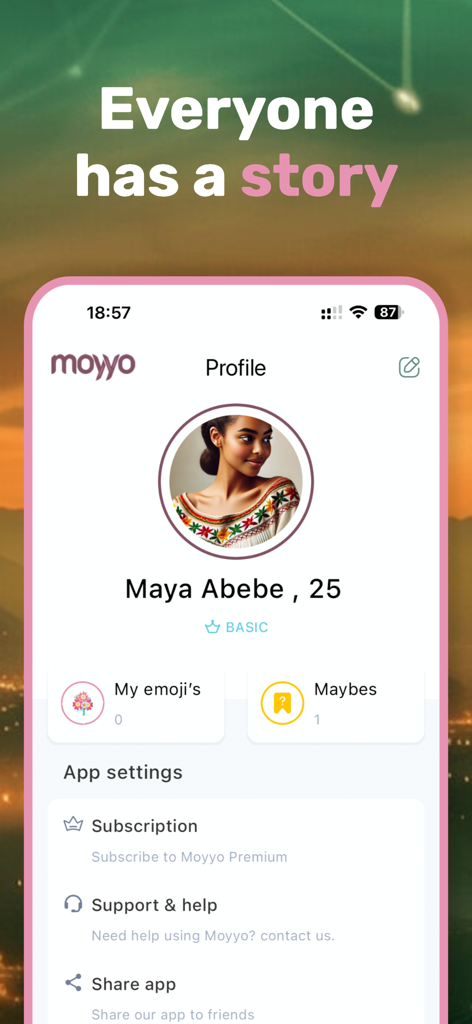 Moyyo - Interface du profil utilisateur de l'application de rencontre Moyyo présentant une femme nommée Maya Abebe