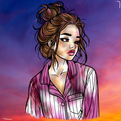 realistic woman with pajamas on and a messy bun
