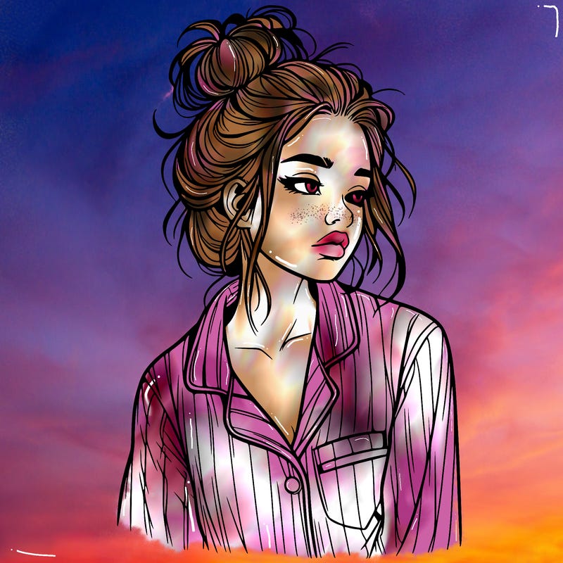 realistic woman with pajamas on and a messy bun