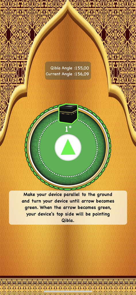 Qibla Finder Pro اتجاه القبلة - A smartphone screen showing the Qibla Finder Pro app with a green compass arrow pointing towards the Kaaba for prayer orientation.
