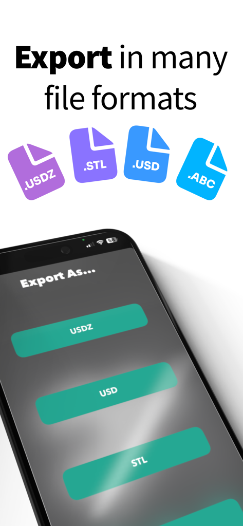 RoomPlan - Interior 3D Scanner - Interface of RoomPlan app showing 3D export file formats like USDZ, STL, and USD.