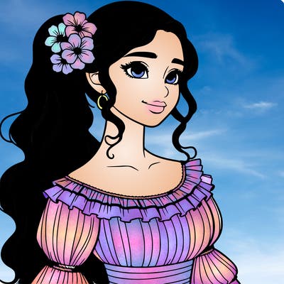 a single latina woman with a side ponytail and a long dress with ruffles. she has a few discreet flowers in her hair. realistic