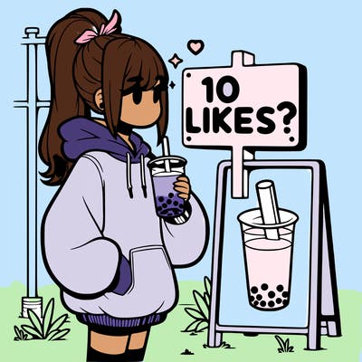 girl with oversized hoodie drinking boba and she has a high ponytail with a sign that says 10likes?