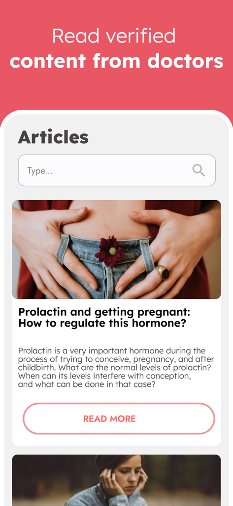 Trying to Conceive & Pregnancy - OvuFriend app interface displaying medically verified articles about fertility and pregnancy