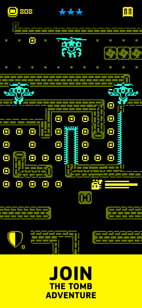Neon yellow and blue pixel art maze gameplay from Tomb of the Mask