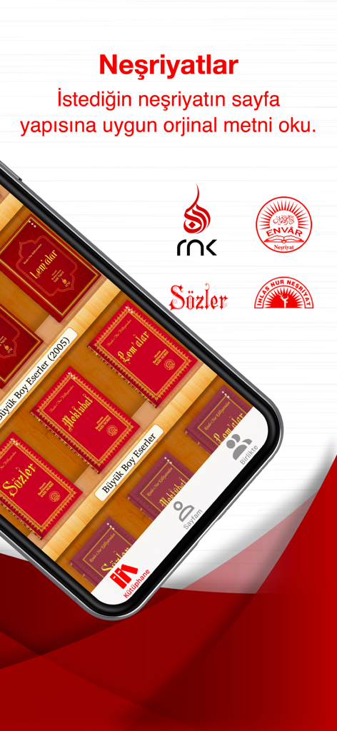 Risale-i Nur Kütüphanesi - Pantalla de un smartphone que muestra una estantería de biblioteca digital con varias ediciones de libros de Risale-i Nur