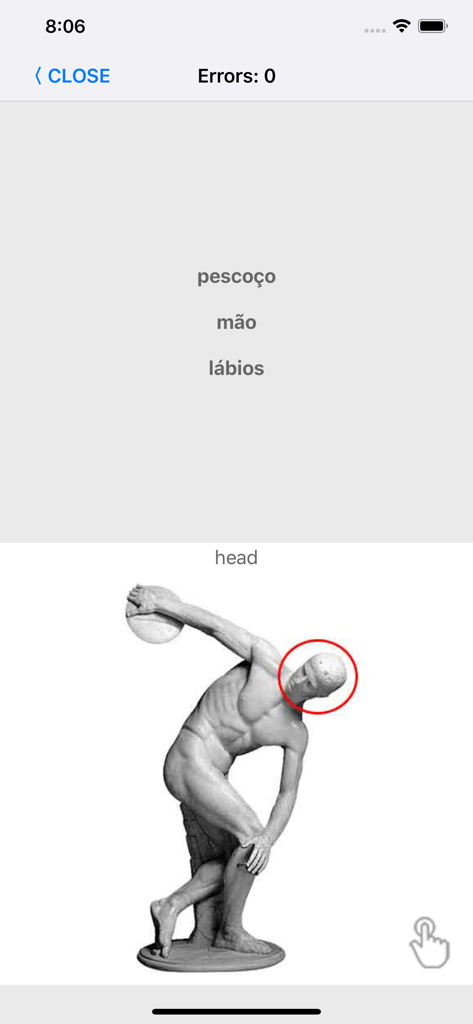 Learn Portuguese words with ST - Una interfaz de aprendizaje de idiomas portugués que muestra una prueba de vocabulario de partes del cuerpo con una estatua y opciones de palabras