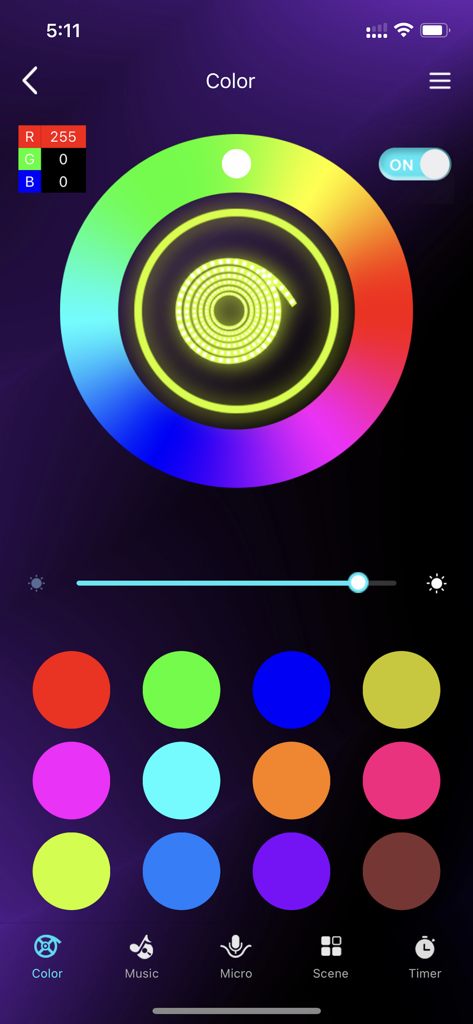 Dazzling Home - Interface of the Dazzling Home app showing a rainbow color wheel and preset colors for smart LED lighting control