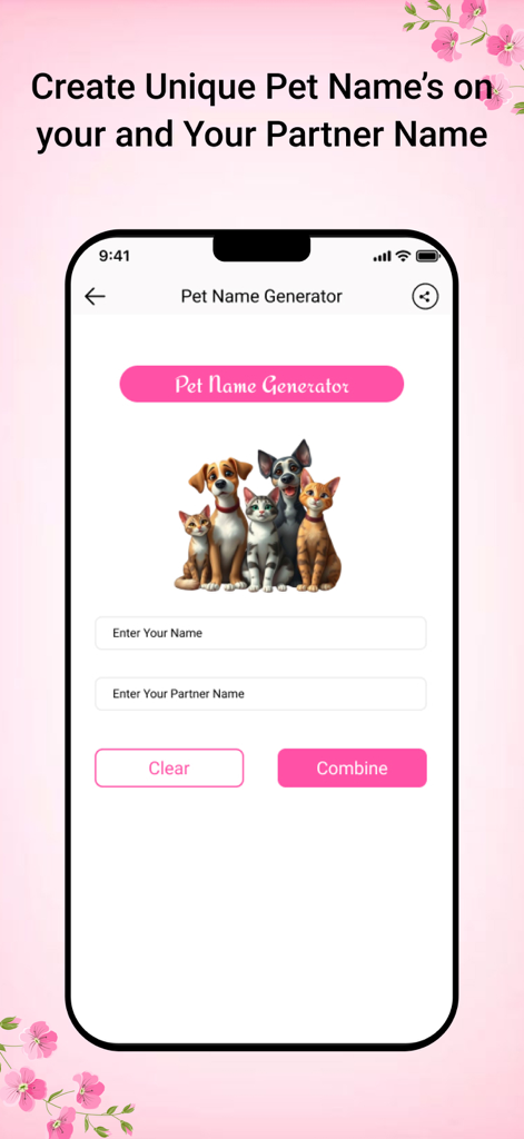 Couple Name Combiner AstroNams - Interface of the AstroNams app's Pet Name Generator feature with input fields for couple names and an illustration of dogs and cats.