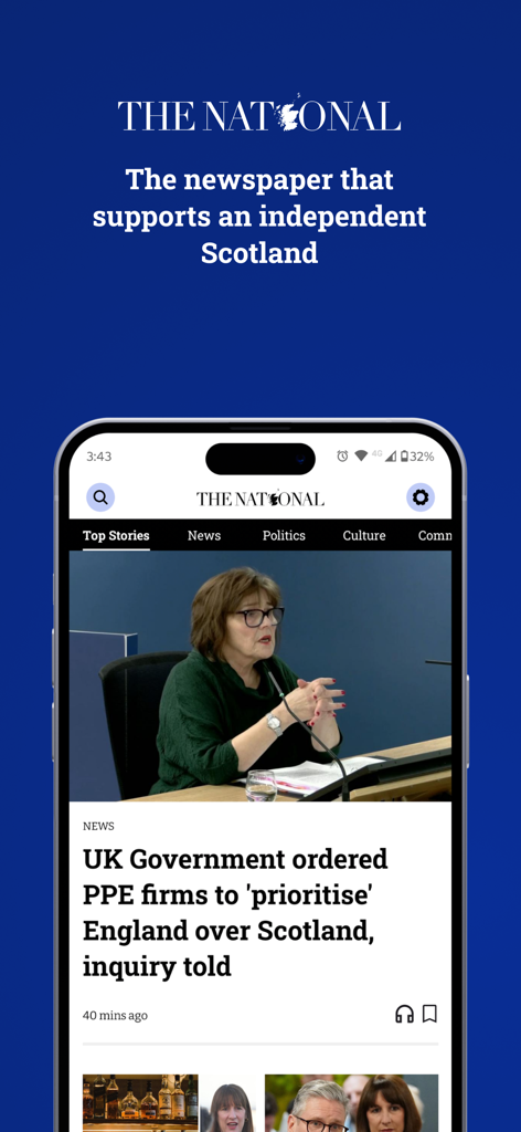 Interfaz de la aplicación móvil The National mostrando titulares de noticias escocesas y artículos políticos