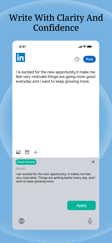 Interface de aplicativo móvel demonstrando correção de gramática por IA em tempo real para uma postagem profissional no LinkedIn