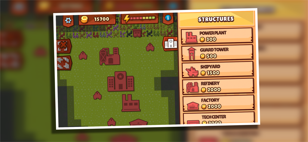 Base building gameplay showing the structures menu and unit production in Front Armies RTS