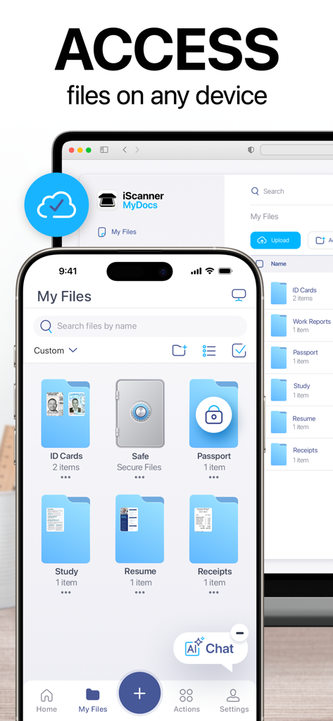 Aplicación iScanner mostrando carpetas de documentos sincronizadas entre un teléfono móvil y una computadora de escritorio