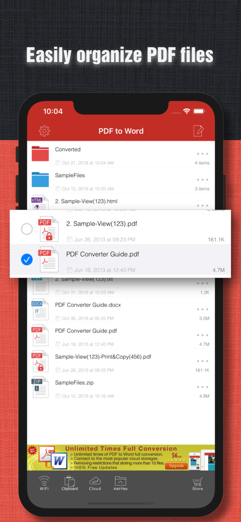 PDF to Wordアプリでのファイル整理とドキュメントリストを表示するモバイルインターフェース。
