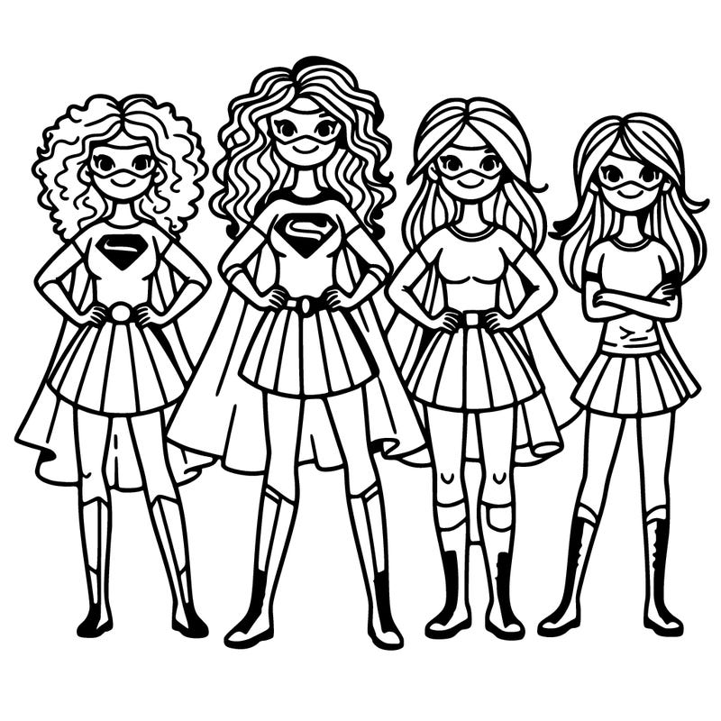 superhero girls with curly hair and short skirt and shirt 4 girls