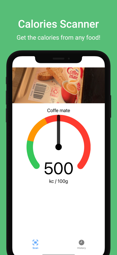 Calories Scanner - Interface of the Calories Scanner app displaying a color-coded calorie meter for a scanned food product.