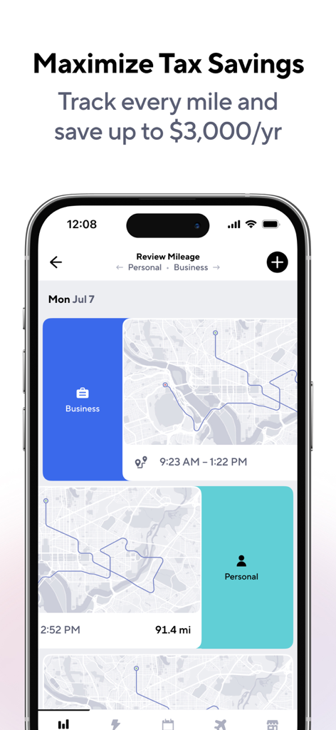 Gridwise app interface for tracking business and personal mileage to maximize tax savings