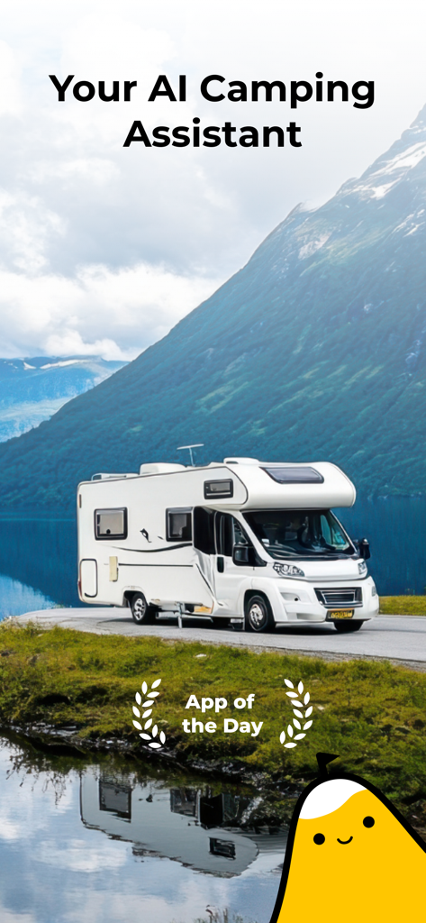 A motorhome parked on a scenic mountain road next to a lake with the text Your AI Camping Assistant