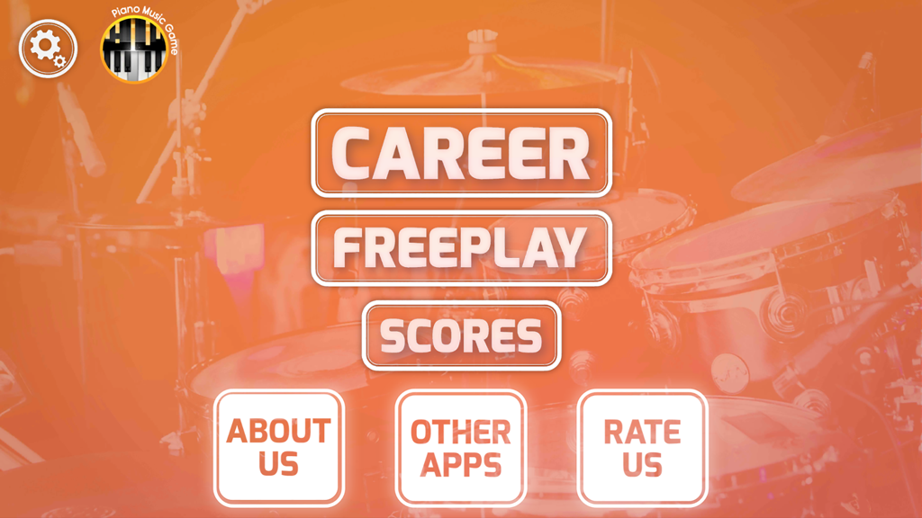 Real Drums Game - Main menu of the Real Drums Game app featuring buttons for career, freeplay, and scores over a drum kit background.
