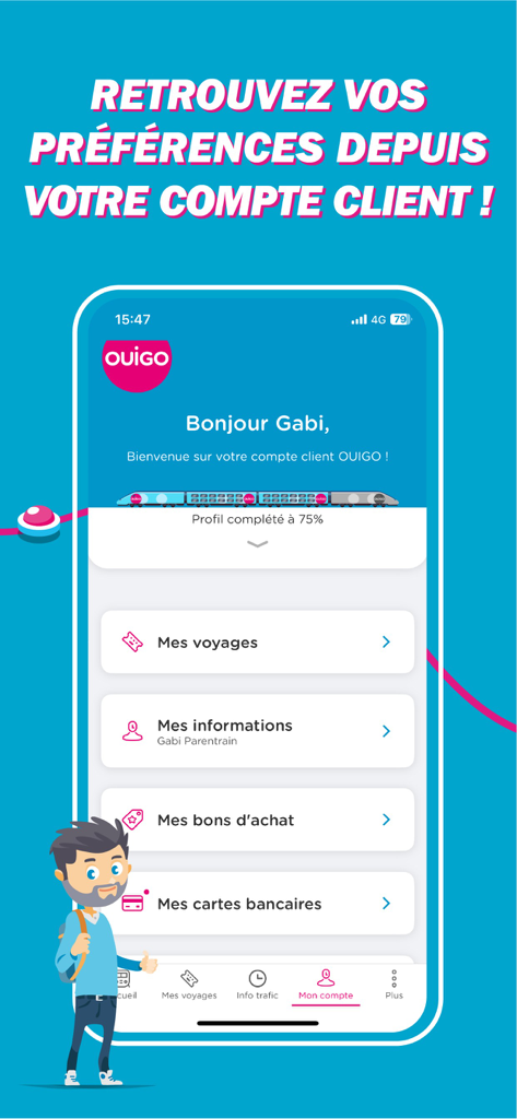 Un'interfaccia mobile dell'app OUIGO che mostra la sezione dell'account cliente con cronologia dei viaggi e opzioni di pagamento.