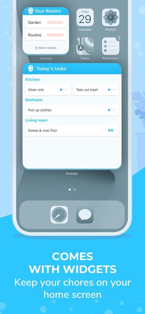 Sweepy: Home Cleaning Schedule - Sweepy home cleaning schedule widgets showing daily tasks and room status on an iPhone home screen