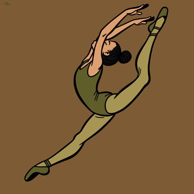 gymnast doing a leap in a leotard with a bent back leg