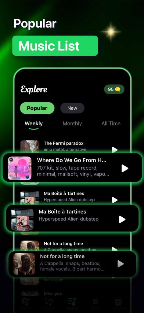 Explore screen of the AI MusicTunes app showing a list of popular user-generated AI songs