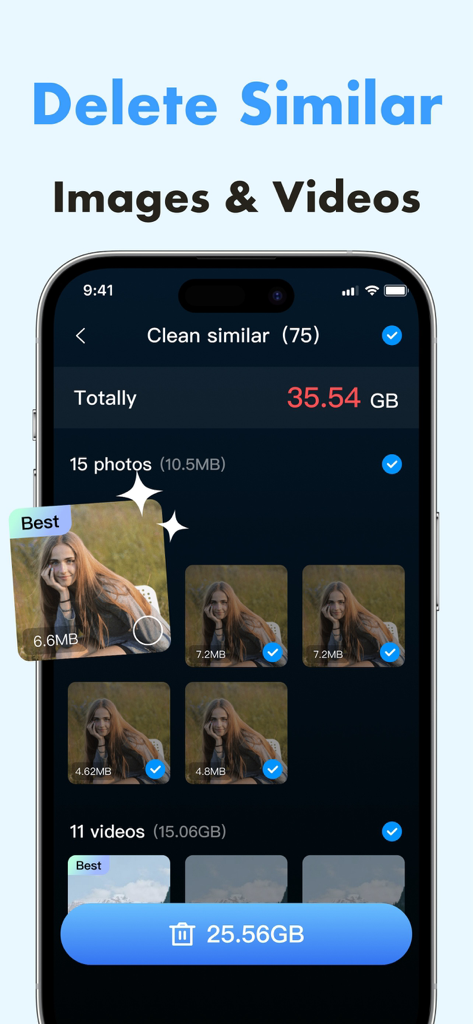 iPhone screen showing the Memory Master app interface with the feature to identify and delete similar photos and videos to free up storage space.