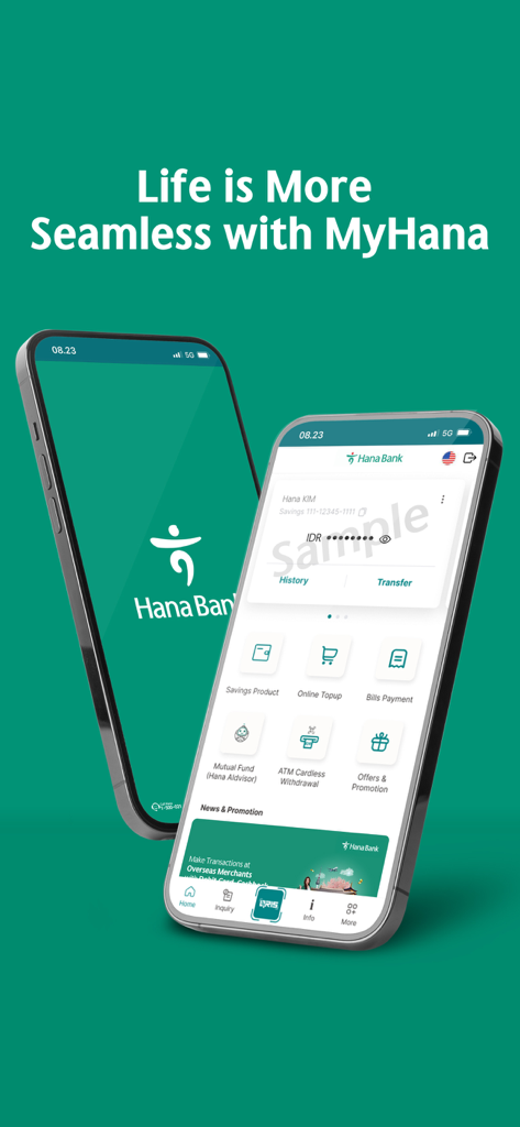 MyHanaモバイルバンキングアプリのダッシュボードに様々な金融機能が表示されている2台のスマートフォン。