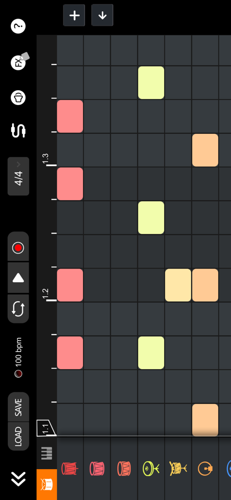 Interface of X Drum app featuring a beat sequencer grid and recording tools