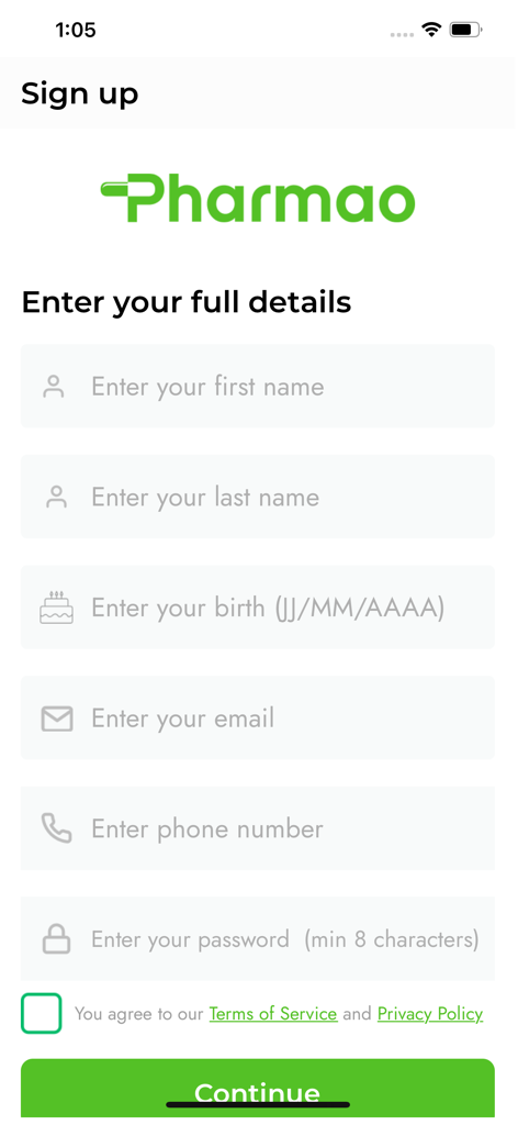 Pharmao - Livraison pharmacie - Pharmao app sign up form for entering personal details