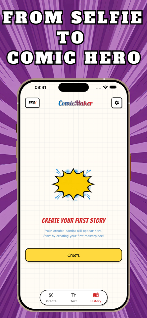 KAI webtoon comic maker - The home screen of the KAI Webtoon Comic Maker app showing a prompt to start a new comic story on a purple comic-style background.