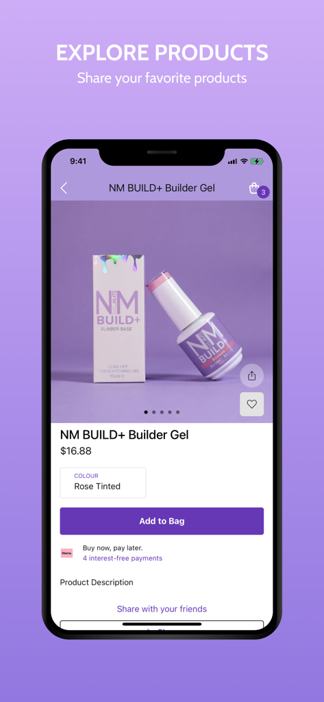 Glitter Planet - Mobile screenshot of the Glitter Planet app showing the product page for NM BUILD plus Builder Gel in Rose Tinted
