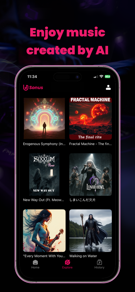 Sonus AI: AI Song Creator - Interface of the Sonus AI app showing the explore section with various music tracks created by artificial intelligence.