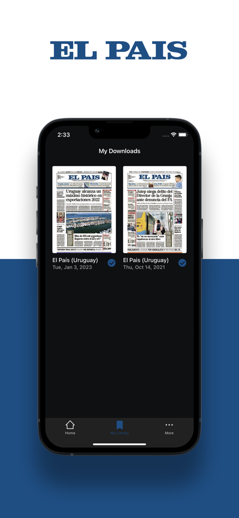Screenshot of the El Pais Epaper app showing downloaded newspaper editions in the My Library section.