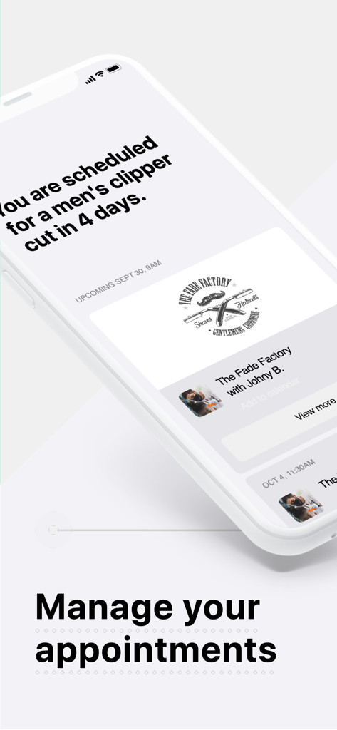Interface do aplicativo The Fade Factory mostrando a confirmação de um agendamento de corte de cabelo com um barbeiro
