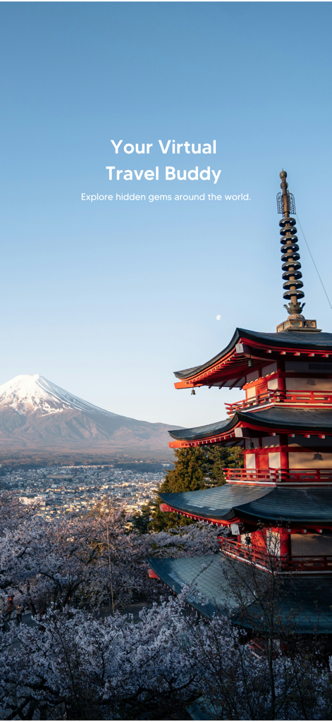 Aplicación de viajes Bipi mostrando una pagoda japonesa y el Monte Fuji con el texto Tu Compañero de Viaje Virtual