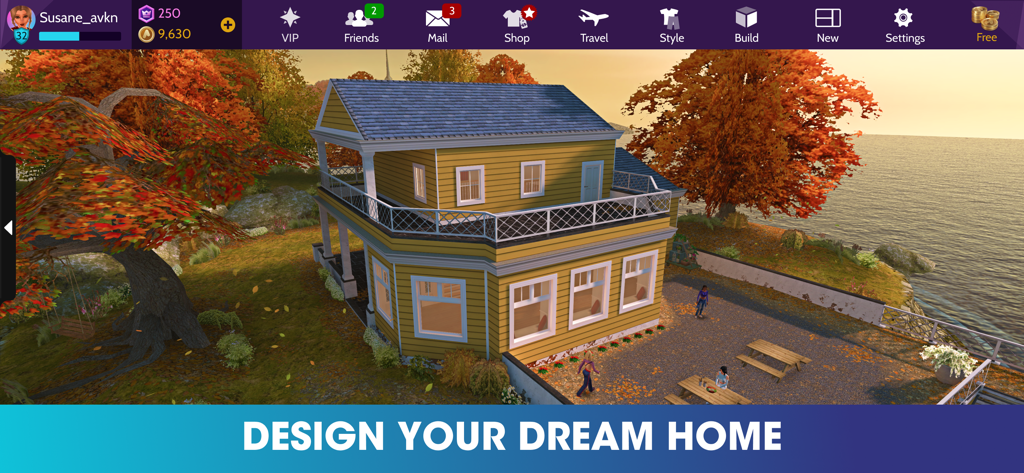 Una gran casa amarilla virtual en un paisaje otoñal escénico junto al agua en Avakin Life