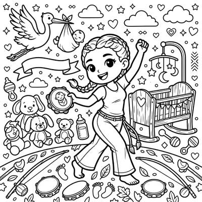 Celebrate a beautiful new arrival with this unique coloring page featuring a cheerful Capoeirista surrounded by adorable baby shower essentials. It's a delightful blend of energetic movement and heartwarming anticipation, perfect for artists of all ages.