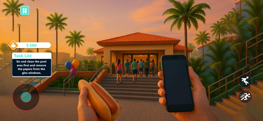 Water Park Supervisor Sim Game - Jugabilidad en primera persona de un simulador de gestión de parques acuáticos que muestra tareas y el entorno