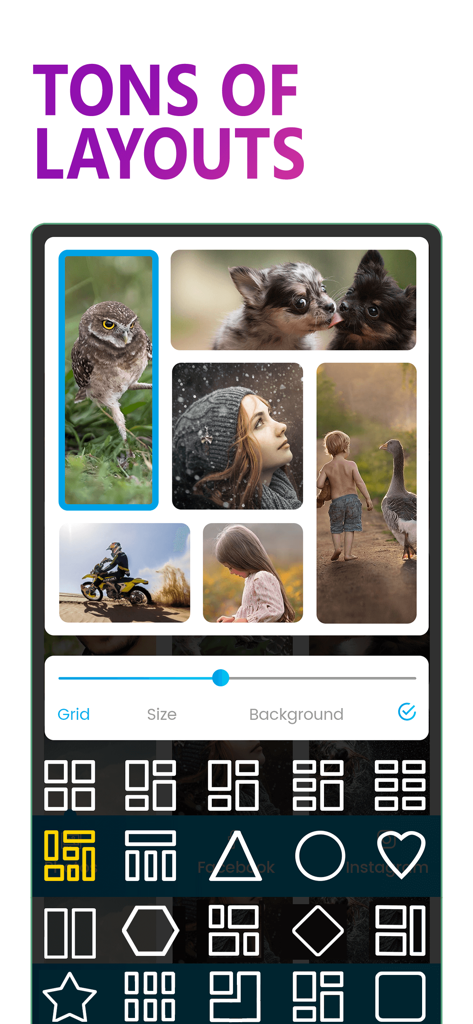 Interface mostrando várias opções de layout de colagem de fotos com uma grade de exemplo de fotos de animais e família.