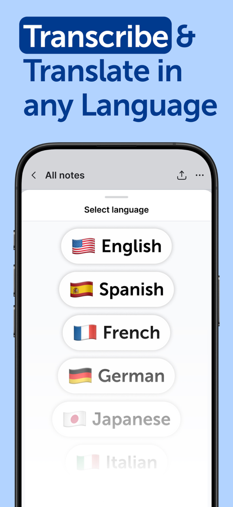 Smart Noter - AI Note Taker - Smart Noter app interface showing a list of languages for transcription and translation including English, Spanish, and French